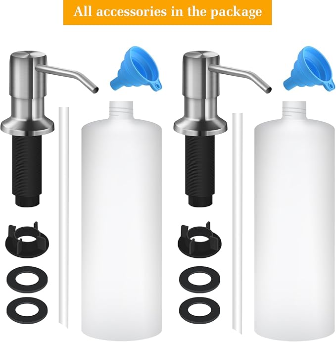 Soap Dispenser for Kitchen Sink, Built in Sink Soap Dispenser Lotion Dispenser with 17 OZ Bottle, Refill from The Top Bar Sink Soap Dispenser, Brushed Nickel (2 Pack)
