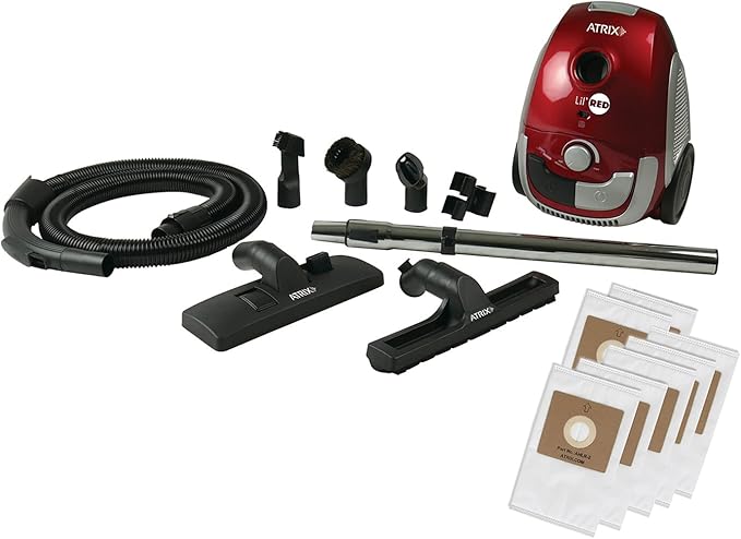 Atrix Red Lil Portable Canister Vacuum Cleaner – Premium Bundle with Extra Filters, Lightweight, 3-Stage HEPA Filtration, 2-Quart Bag, Variable Speed 1200W Motor, 16.5′ Auto-Retract Cord & Tools