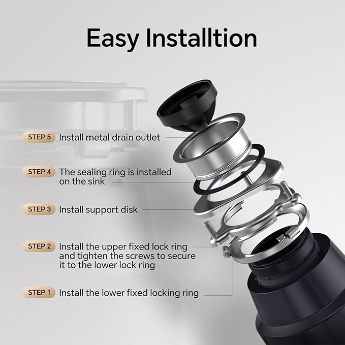 Ranein 1/2 HP Garbage Disposal with Power Cord, Quiet Stainless Steel Grinding, Continuous Feed Kitchen Sink Food Waste Disposer, DeepCut Fine Grinding Anti-Clog System
