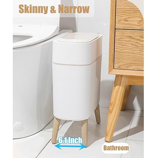 Yatmung Motion Sensor Bathroom Trash Can with Lid 2.5 Gal Smart Trash Bin - Waste Basket for Bedroom, Office, Living Room - Slim Bathroom Garbage Can Automatic Touchless - White with Wooden Legs
