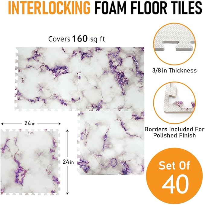 HomeCube USA 3/8 Inch Thick Interlocking Purple Marble Foam Floor Tiles for Home, Office, Workout Equipment Space Commercial Anti-Fatigue Flooring Padding 24x24 in, Purple Marble, 160 Sq Ft-40 Tiles
