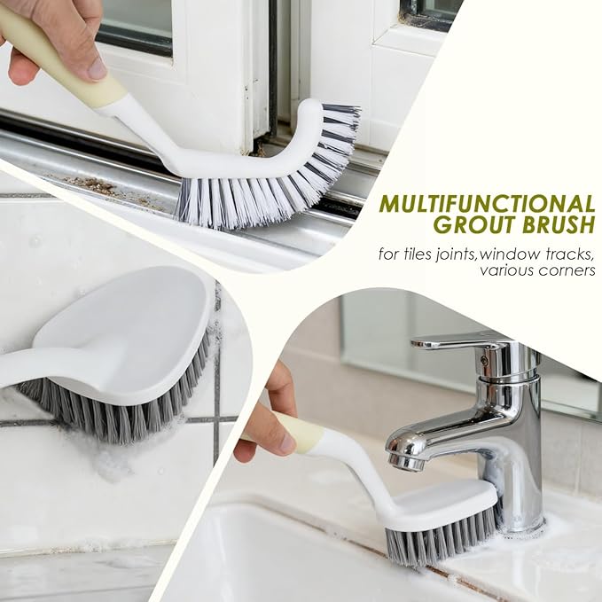 3 Pack Scrub Brush with Long Handle, Stiff Bristles Grout Cleaner Brush, Shower Brushes for Cleaning Bathtub, Bathroom, Shower, Tile, Carpet, Kitchen, Sink (Green)