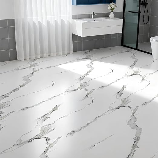 Luxury Thicken Matte Grey White Marble Peel and Stick Floor Tiles Self-Adhesive Vinyl Flooring Roll-DIY Easy for Wall and Floor,Hard Surface/Waterproof/Anti Slip (Not Real Marble, 17.72 "W x 118" L)