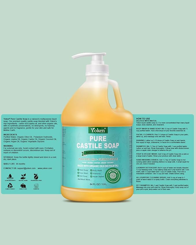 EWG Verified Organic Castile Soap Liquid (Unscented, 64 oz) Pure Castile Liquid Soap Made With Organic Oil, Clean & Gentle, Natural Castor Oil Soaps for Body & Face Wash, Hands, Dishes, Laundry