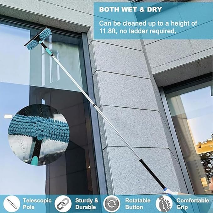 12FT Light Bulb Changer for High Ceilings with 3-12FT Extension Pole, Fan Duster for Ceiling Fan Blades, Microfiber Feather Duster, Rotatable Window Squeegee and Cobweb Duster, High Reach Duster Kit