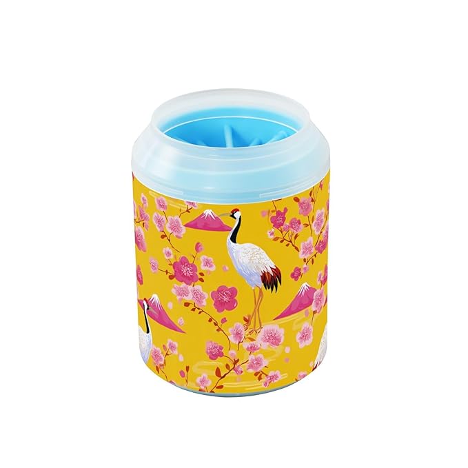Dog Paw Cleaner Cups for Dogs Pet Foot Washer Paw Scrubber for Small Medium Large Dogs Cats Cleaning Cup Yellow Cranes Cherry Blossoms Mount Fuji