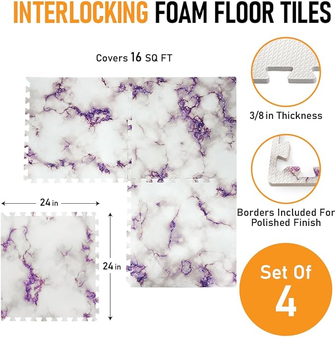 HomeCube USA 3/8 Inch Thick Interlocking Wood Grain Foam Floor Tiles for Home, Office, Workout Equipment Space, Commercial Areas, Anti-Fatigue Flooring Padding 24x24 in. Purple Marble 32 SQ Ft -8 Tile