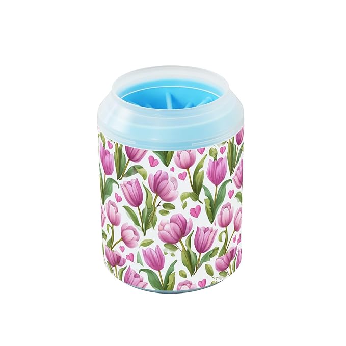 Dog Paw Cleaner Cups for Dogs Pets Foot Washer Paw Scrubber for Medium Small Cats Dogs Cute Cleaning Cup Romantic Pink Tulips and Hearts