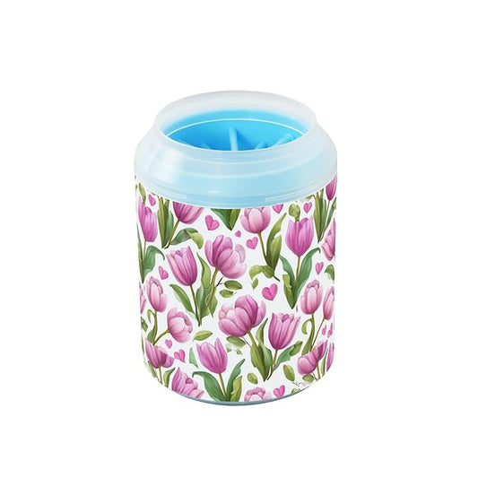 Dog Paw Cleaner Cups for Dogs Pets Foot Washer Paw Scrubber for Medium Small Cats Dogs Cute Cleaning Cup Romantic Pink Tulips and Hearts