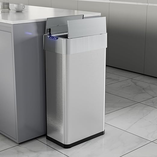 TLSUNNY 21.1 Gallon Automatic Trash Can, Stainless Steel Motion Sensor Garbage bin, Smart Trash Can W/Butterfly Lid, Bag Retainer Ring and Display Light for Living Room,Kitchen,Office (Silver, 80L)