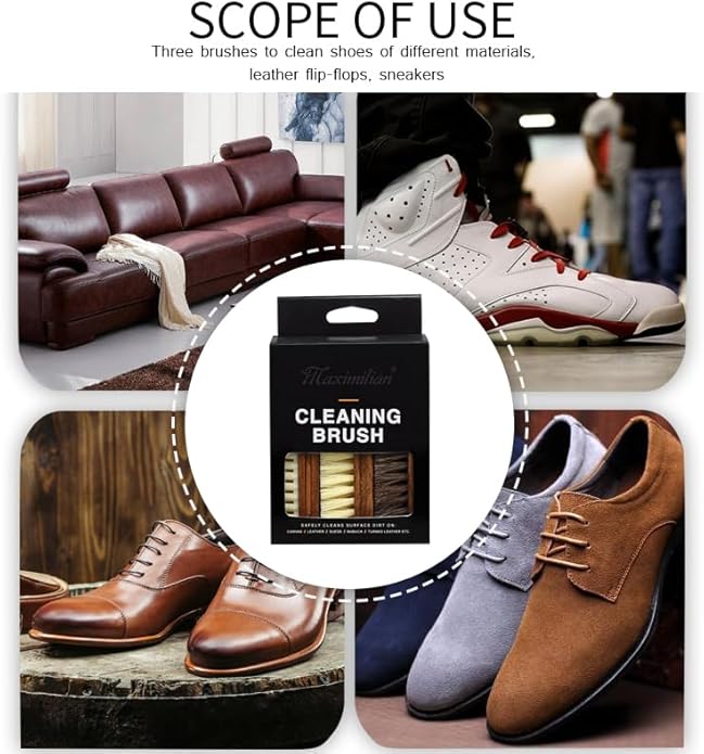 MAXIMILIAN Shoe Shine Brush Kit Horsehair Brushes for Polishing Crepe Suede Shoes Brush Soft Bristles Leather Cleaning Nubuck 3PCS Professional Shoe Polish Kit