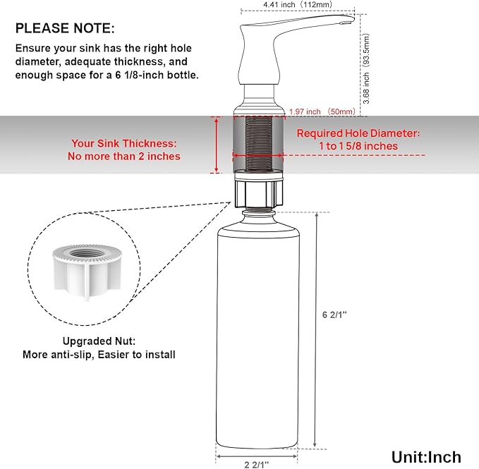 GAGALIFE Kitchen Sink Soap Dispenser Gold, Built in Soap Dispenser with 17 OZ Bottle, Refill from The Top, Liquid Dispenser for Kitchen Sink