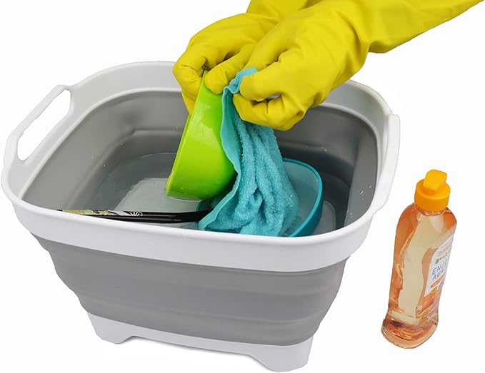 SAMMART 7.5L (2 Gallons) Collapsible Dishpan with Draining Plug - Foldable Washing Basin - Portable Dish Washing Tub - Space Saving y (White/Grey (Set of 2), 2)