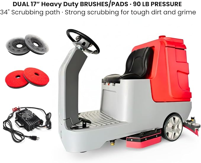34" Ride-On Floor Scrubber Machine, Dual 17" Brushes, 34.3 Gal Solution Tank, 37 Gal Recovery Tank, 75,000 Sq.Ft/H Productivity, 6 HR Working Time, Industrial and Commercial Floor Cleaning