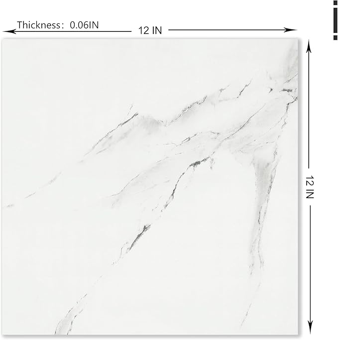 White Peel and Stick Floor Tile Waterproof Marble Vinyl Flooring Self Adhesive Ceramic Stick on Floor Tiles 12"X12" Laminate Flooring for Bathroom Garage Kitchen Basement Office Vinyl Plank