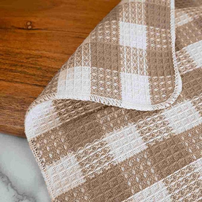 Blue Needles Waffle Weave Check Plaid Dish Cloths, 12x12 Inches 100% Cotton Set of 8 Dish Towels for Kitchen, Ultra Soft & Absorbent Kitchen Towels for Quick Drying Spring Summer - Beige & White