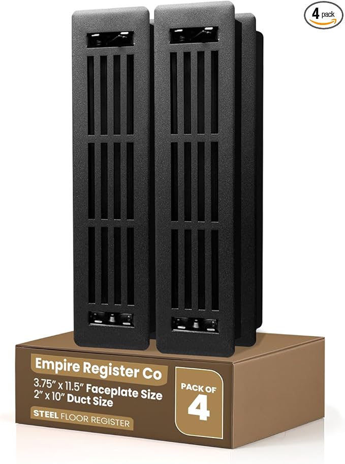 EMPIRE REGISTER CO Linear Design, Heavy Duty Floor Vent Covers, Metal Damper Attached. Vent Covers for Floor only (Floor, Textured Black, 2 x 10 inch (Pack of 4))
