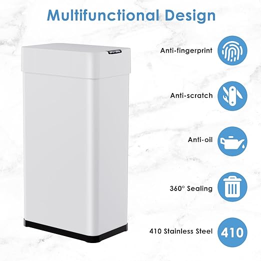 Arlopu 21.1 Gal Automatic Trash Can, 80L Stainless Steel Motion Sensor Garbage Bin, Touchless Brushed Wastebasket, W/Butterfly, Soft-Close Lid, for Living, Dinning Room, Kitchen (White)