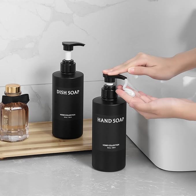 Hand Soap Dispenser Plastic Pump Bottles with Waterproof Label for Bathroom Kitchen, Empty Refillable Liquid Container, 16 oz Black 2 Pack