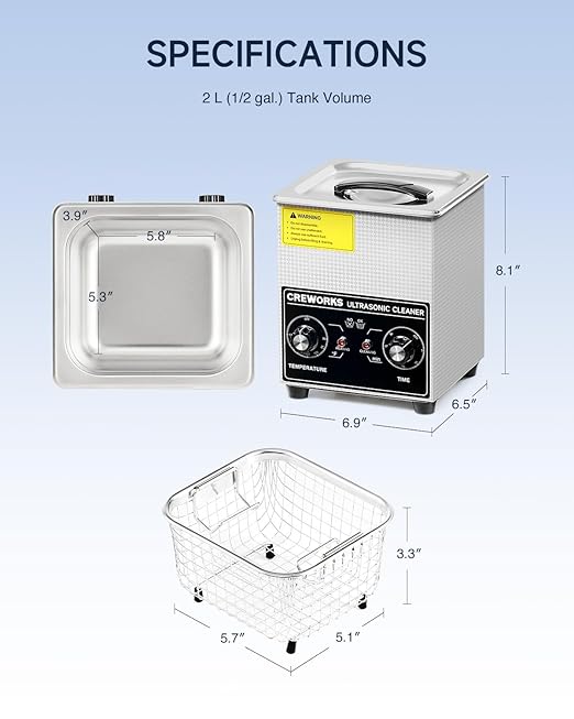 CREWORKS 2L Ultrasonic Cleaner with Heater & Timer, 60W 304 Stainless Steel Sonic Cleaner, 0.5 gal Compact Ultrasonic Parts Cleaner, Professional Lab Ultrasonic Cleaner for Jewelry Watch Coin Glasses