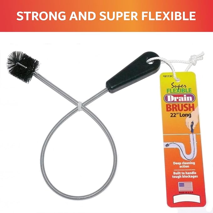 22" Long Sink Drain Cleaning Brush by FryOilSaver Co., Clog Remover for Small Spaces Perfect for Unclogging Sink, Toilet & Shower Drain, Drain Snake Hair Clog Remover, Tiny Pipe Cleaning Brush - B113C