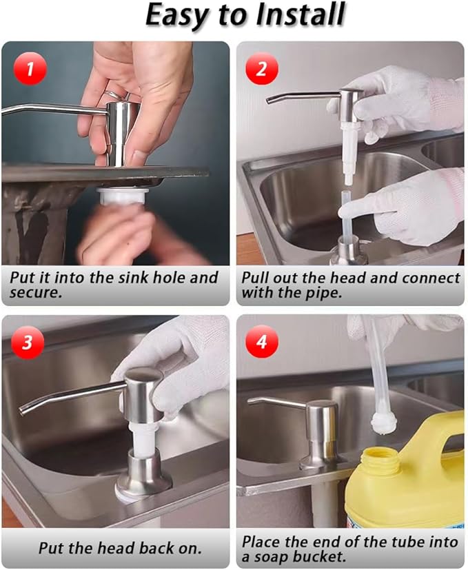 Soap Dispenser for Kitchen Sink, Stainless Steel Built in Sink Soap Dispenser Pump Head with 1.2m/4ft Silicone Water Pipe & 3 Caps for Soap Container, Kitchen Sink Accessories Bar Wash Tools