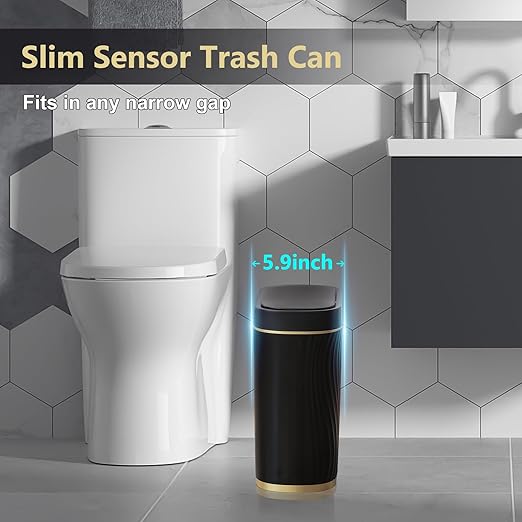 Bathroom Small Trash Can 2 Gallon Black Sensor Garbage Can with Lid, Plastic Automatic Trash Bin, Slim Motion Sensor Trash Can, Waterproof Smart Waste Bin for Living Room, Office, Bedroom