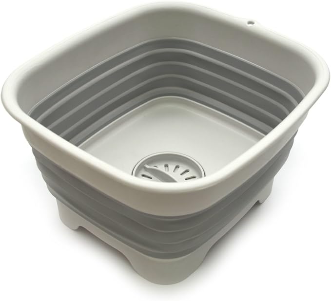 SAMMART 9.1L (2.4Gallon) Collapsible Dishpan with Draining Plug - Foldable Indoor Outdoor Washing Basin - Portable Dish Washing Tub - Space Saving Kitchen Storage Tray (1, Grey)