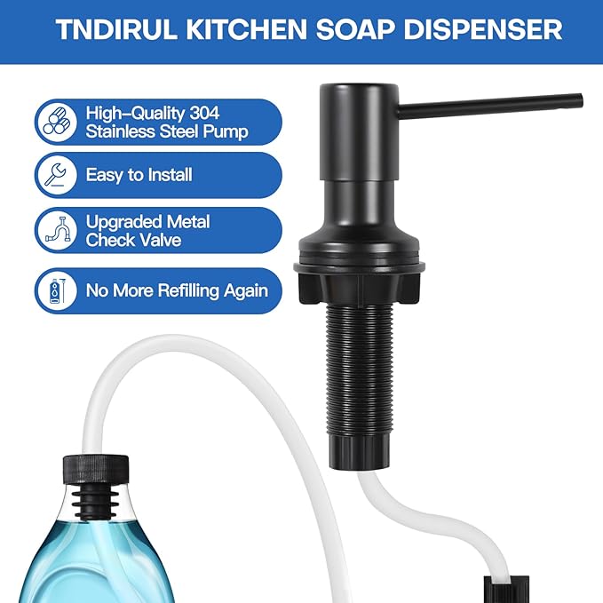 Soap Dispenser for Kitchen Sink, Matte Black Built in Soap Dispensers, Stainless Steel Sink Soap Dispenser or Lotion Dispenser Pump with 47" Extension Tube Kit, Upgraded Metal Check Valve