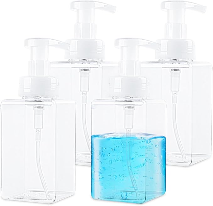 Foaming Soap Dispenser 15oz/450ml Clear Empty Foam Soap Dispensers, Square Refillable Plastic Foaming Hand Soap Dispenser Soap Pump for Liquid Soap, Shampoo, Body Wash(4 Pack)
