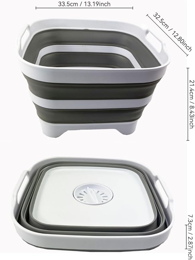 SAMMART 10L (2.64 Gallon) Collapsible Dishpan with Draining Plug - Foldable Washing Basin - Portable Dish Washing Tub - Space Saving Kitchen Storage Tray (Grey + Aqua Blue (Set of 2))