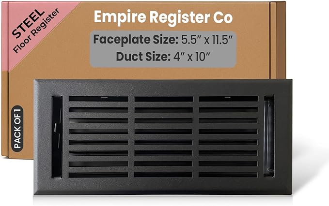 EMPIRE REGISTER CO Linear Design, Heavy Duty Floor Vent Covers, Metal Damper Attached. Vent Covers for Floor only. (Floor, Textured Black, 4 x 10 inch (Pack of 1))