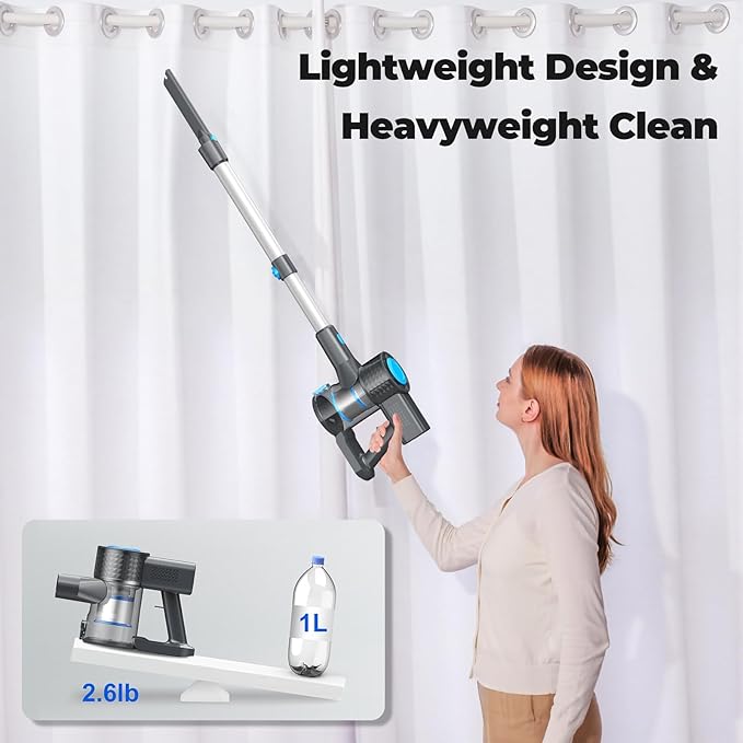 Cordless Vacuum Cleaner, Powerful Lightweight Stick Vacuum with Self-Standing, Anti-Tangle, 8-in-1 Rechargeable Vacuum Cleaners for Home, Hardwood Floors, Carpet, Pet Hair (Blue)