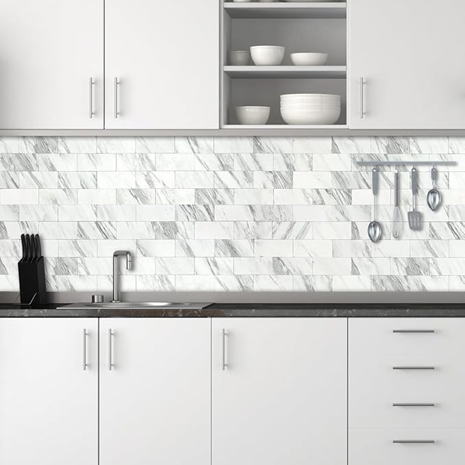 AULIGET 100-Piece White Marble Look Peel and Stick Backsplash Wall Tiles, 3" x 6" PVC Faux Stone Stick on Tile for Backsplash Kitchen, Bathroom, Laundry Room, Camper, Fireplace