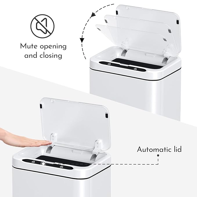 ELPHECO Stainless Steel Office Trash Can Motion Sensor Garbage Can Touchless Smart Trash Can Automatic Waste Bin for Kitchen, Office, Bathroom (White, 6.6 Gallons), 2AA