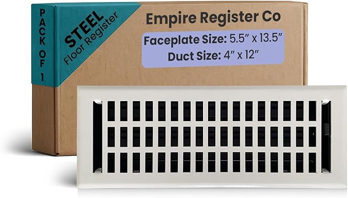 Empire Register Co, Premium Home Vent Covers - 4x12 inch, Modern Contemporary Design, White Finish, Heavy Duty Air Flow Direction Floor Registers, Metal Damper Attached