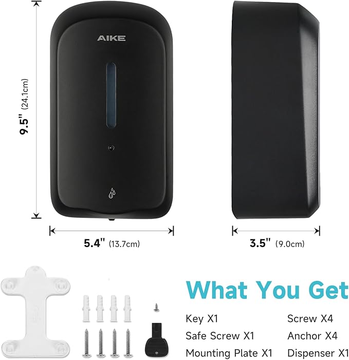 AIKE 33.8oz Automatic Wall Mount Liquid Soap Dispenser with Commercial ABS Construction, Model AK1226S(Black)