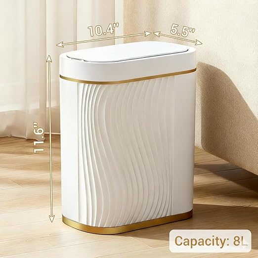 FreSup Automatic Motion Sensor Bathroom Trash Can with Lid - 2 Gallon Slim Touchless Automatic Garbage Can for Bedroom, Restroom, Office - White and Gold Aesthetic, Whisper Quiet, 11.6" Tall