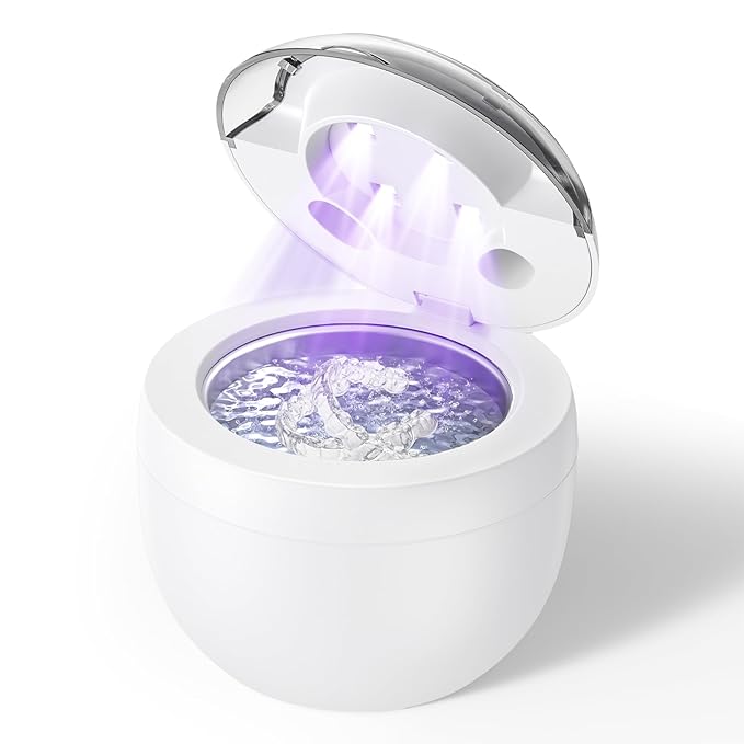 Retainer Cleaner, 45kHz Ultrasonic Retainer Cleaner Machine with 200ML Capacity & 4 Modes for Dentures, Aligners, Mouthguards, Retainers, Jewelry and Denture Appliances, White