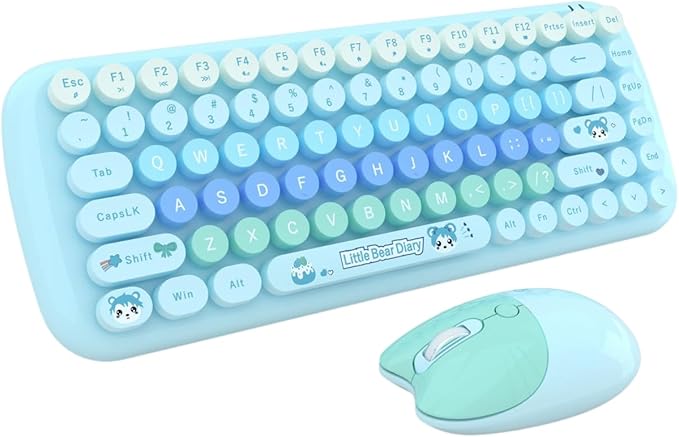MOFII-TzBBL Mini Wireless Keyboard Mouse Set Round Keycap Multi-Colour Cute Lovely for Girls 84 Key (Multicolor Blue)