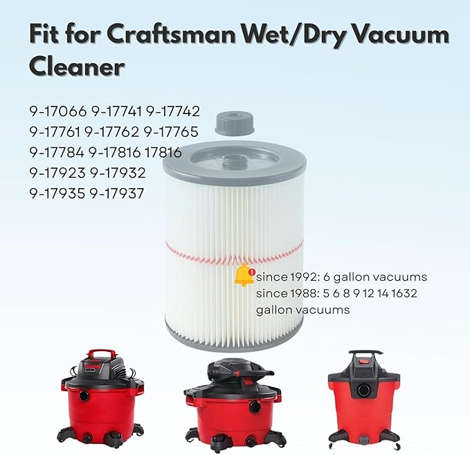 Nispira 9-17816 17816 Red Stripe Replacement HEPA Filter for Craftsman Craftsman Shop Vac Wet/Dry Vacuum 5/6/8/12/16/32 Gallon Larger, 2 Pack