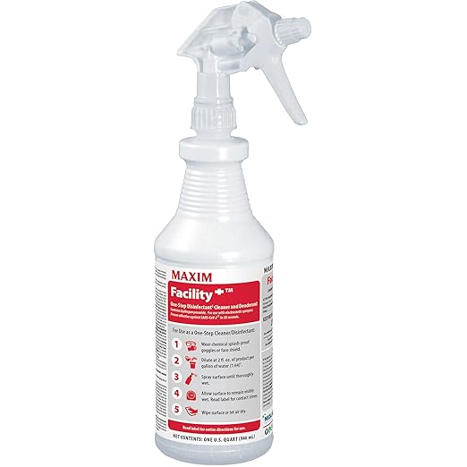 Midlab Maxim Facility+ One Step Disinfectant Cleaner and Deodorant, 1 Quart (32oz), Pack of 6, Includes 1 Trigger Sprayer, Contains Hydrogen Peroxide, Use for Fentanyl Decontamination at Full Strength