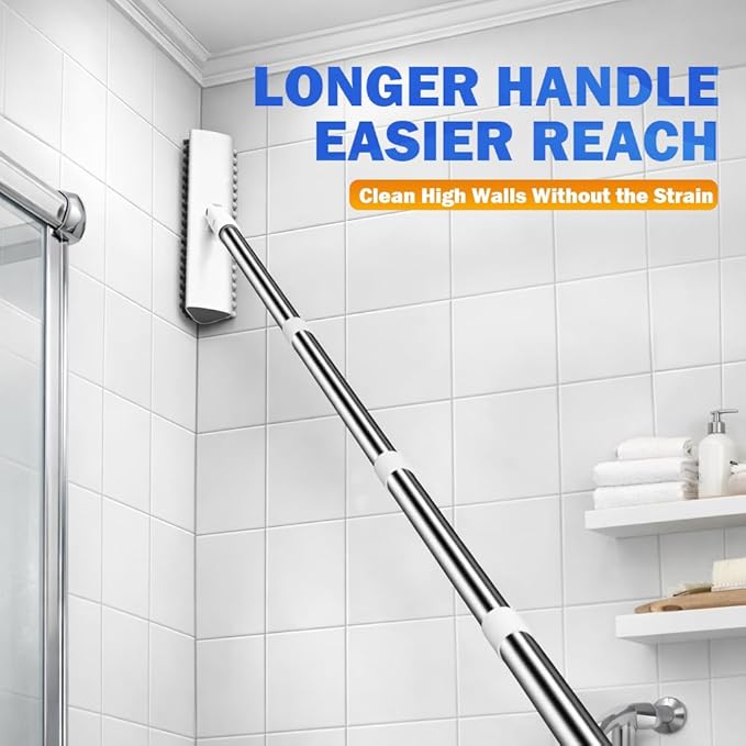 Grout Brush with Long Heavy Duty Handle, 180° Swivel Floor Scrub Brush, V-Shaped Grout Line Scrubber with Stiff Bristles, Cleaning Brush for Deep Cleaning Tile Grout, Shower, Kitchen, and Concrete