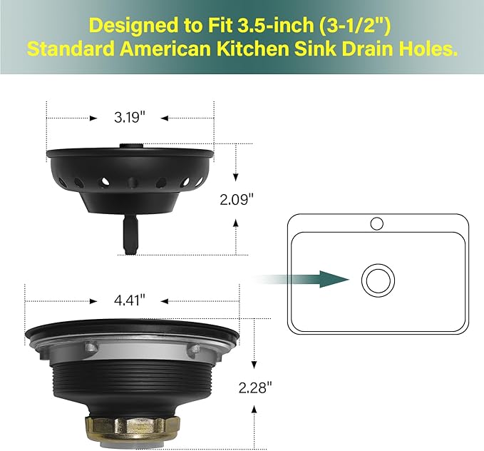 Kitchen Sink Drain Assembly 3-1/2 Inch - Kitchen Sink Strainer Stainless Steel Basket with Stopper - Rustproof & Leak-Proof Design for Standard American Drain Holes, Black