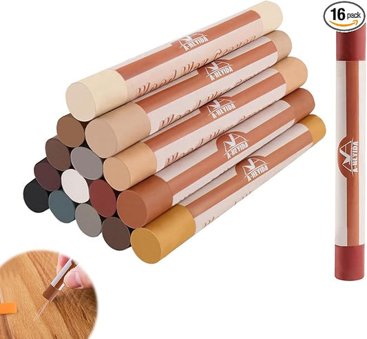 Wood Filler Sticks - 16 Colors Wood Repair Wax Crayons, Furniture Scratch Wax Stick Pen for Repairing Scratches, Scuffs, Cracks, and Holes on Wooden Floor, Cabinet, Laminate, Hardwood