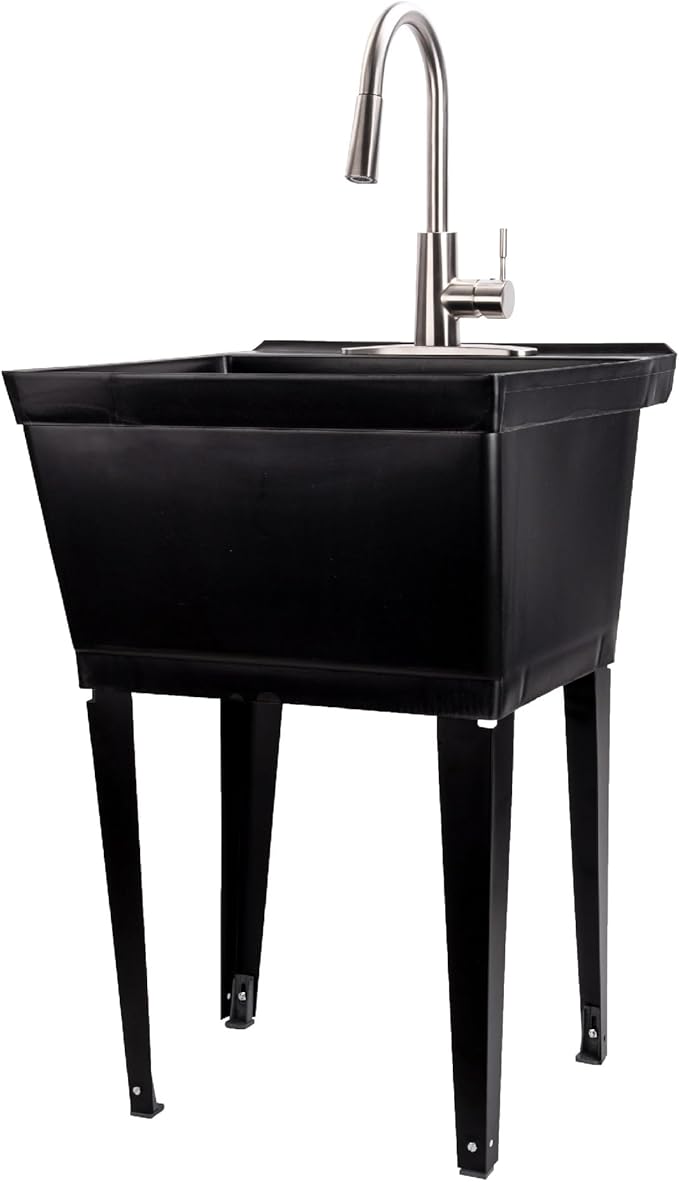 Laundry Sink Utility Tub With High Arc Metal Pull Down Faucet By JS Jackson Supplies, Stainless Faucet, Black Tub