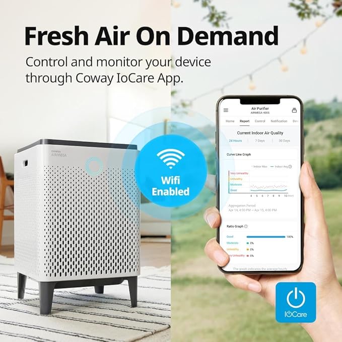 Coway Airmega 400S App-Enabled Smart Air Purifier (Covers 1,560 sq. ft.), True HEPA Air Purifier with Smart Technology, Compatible with Amazon Alexa and Google Home, White (111012)
