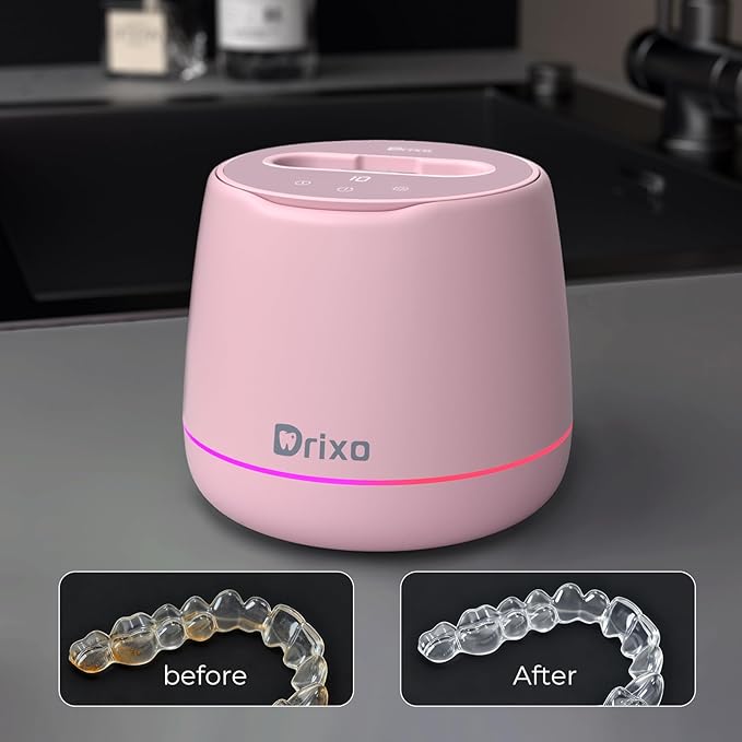 Drixo Ultrasonic Retainer Cleaner Machine, IPX6 Waterproof Dental Cleaning Pod, 3 Modes Denture Cleaner for Night Guard Mouth Guard Braces, 45kHz Denture Dome with UV Light, 200ML Tank, Pink