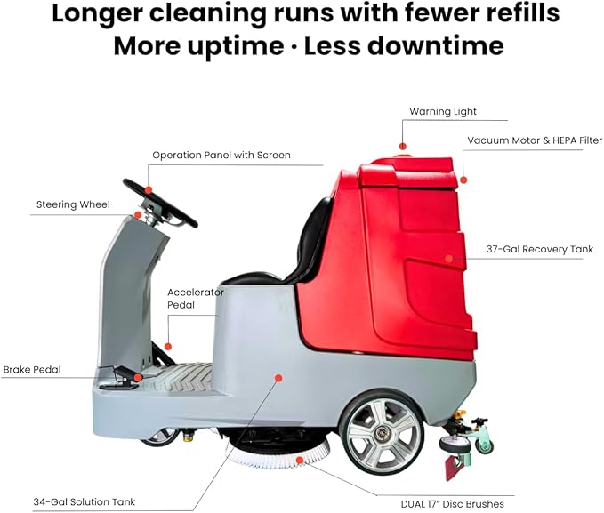 34" Ride-On Floor Scrubber Machine, Dual 17" Brushes, 34.3 Gal Solution Tank, 37 Gal Recovery Tank, 75,000 Sq.Ft/H Productivity, 6 HR Working Time, Industrial and Commercial Floor Cleaning