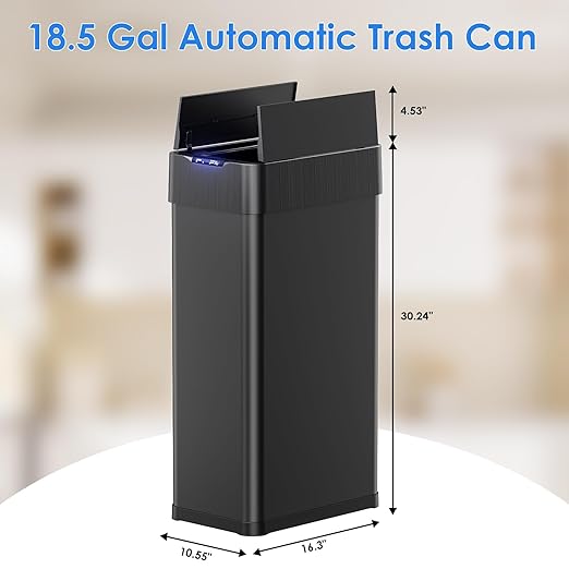 TLSUNNY 18.5 Gallon Automatic Trash Can, Stainless Steel Motion Sensor Garbage bin, Smart Trash Can W/Butterfly Lid, Bag Retainer Ring and Display Light for Living Room,Kitchen,Office (Black, 70L)
